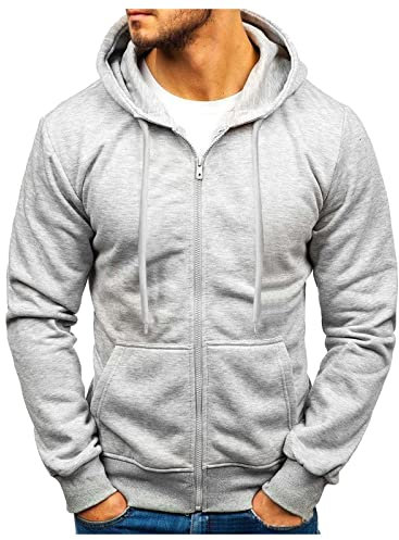 Felpa con cappuccio da uomo, con cerniera e tasche sul davanti, resistente, sportiva, in tinta unita, leggera, casual, colore nero, Grigio, M
