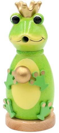 Holz Räuchermann, Räucherfigur, Räuchermännchen als Froschkönig mit Krone und Goldener Kugel in grün, Größe: L/B/H 8 x 8 x 12 cm.