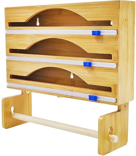Unibos | Cling Film Dispenser & Cutter, 4 In 1 Foil Dispenser Organizer With Paper Holder, Wall-Mount Bamboo Foil & Cling Film Dispenser For 12'' Roll
