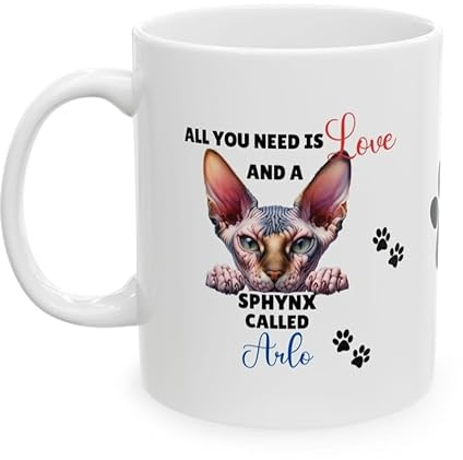 Personalised Sphynx Cat Coffee Mug, White Ceramic, 'All You Need is Love' Design with Paw Prints, Cat Lover