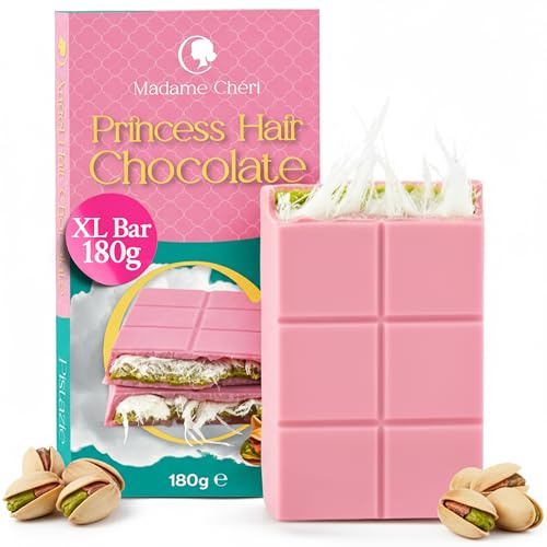 Madame Chéri Angel Hair Schokolade 180 g – Handgefertigt gefüllt mit Pismaniye & Pistaziencreme – zartschmelzend & rosa - mit türkischer Zuckerwatte – Ohne künstliche Farbstoffe