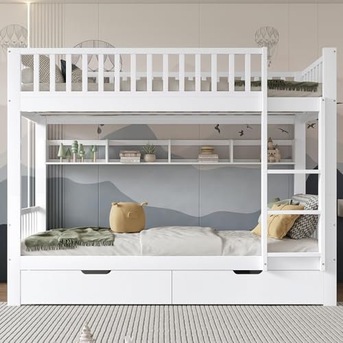 Oslghy Cama Infantil, Litera para niños 90x200, Litera Matrimonio con 2 cajones y Escalera, Se Convierte en Dos Camas Individuales, Cama altillo con protección anticaída y somier, Blanco, Sin colchón