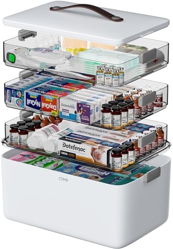 CTIME 4-lagige XXL-Medikamentenbox (Set) – Tragbarer Organizer mit Ledergriff, leerer Aufbewahrungskoffer für Haushalt, Hobby, Nähzubehör & Bastelbedarf