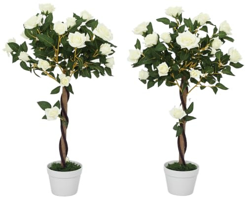 Outsunny Pianta Finta di Rosa da 21 Fiori con Vaso Ø18x90 cm Bianco | Riempito in Cemento e Muschio, Pianta Artificiale Anti-UV, Plastica e Tessuto