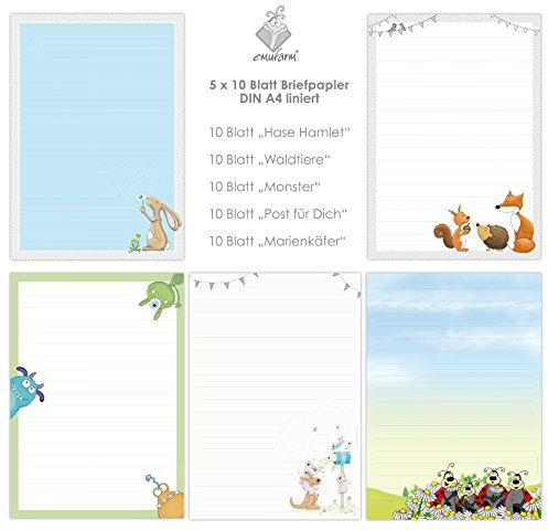 niedlicher BRIEFPAPIER-MIX 5 x 10 Blatt DIN A4 für Kinder mit Linien insg. 50 Blatt / Briefpapier Set für Kinder / Briefpapier für Mädchen und Jungen