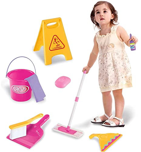 Koolbitz Mommy's Little Helper Complete Cleaning Set Children Kids Pretend Play Cleaning Toy Cleaning Play Set with Broom, Mop, Bucket, Dust Pan, Brush, Cleaning Rag, Mock Soap Bottle Gift for Kids