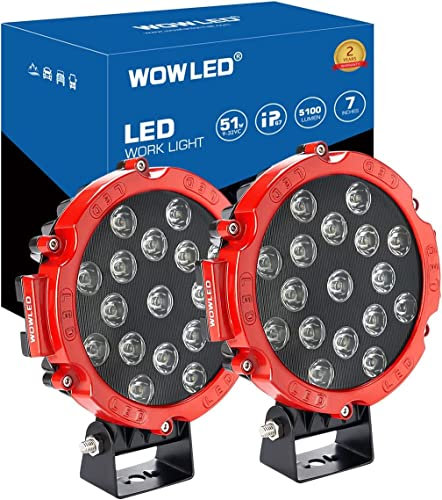 WOWLED Off Road Work Lights, 2 Pcs 7 51W Round LED Driving Work Light Headlight, Red 7 Inch 4x4 Spot Lights 12V 24V Work Lamp for Offroad Driving SUV 4WD ATV Truck Tractor Boat Car