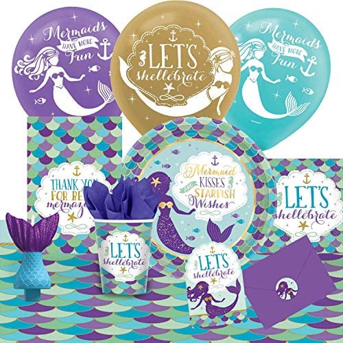 Amscan 9050 0375 - Partyset Meerjungfrau, 8 Teller, 8 Becher, 16 Servietten, Tischdecke, Kerze, 8 Beutel, 8 Einladungen/Umschläge, 6 Latexballons
