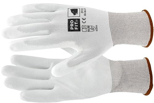 12 x Profi Arbeitshandschuhe Gr. 9 (L) | Feinstrick Nylon PU fein Handschuhe | Gartenhandschuhe Forsthandschuhe | Montagehandschuhe PU Nylonhandschuhe | 12 Paar weiße Handschuhe Baustelle Arbeit