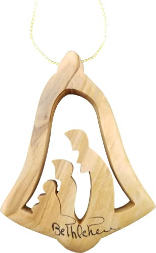 Holy Land Olive Wood Hanging Ornament from Israel, Bethlehem Bell with Christmas Nativity, 3.25 Wooden Christmas Tree Ornament with Golden String