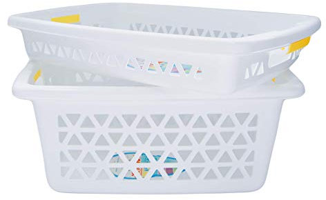 Domplex Conjunto Rectangular Mediana, A10. Set de 1 Cesta 1 Bandeja para Ropa Planchada, Plástico Polipropileno, Resistente y Duradero, Color, Alas Amarillas, Blanco, Medio