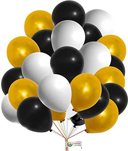 5 Latex Vibrant White, Gold, Black Colour Combination Plain Balloons For Party Decorations Valentines Day Pack of 30
