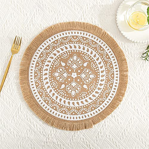 4er-Set Runde Platzsets, Mandala Boho Tischsets mit Quaste, Rustikale Jute Platzset für Esszimmer, Küche, Tischdekoration (A,4 Stück)