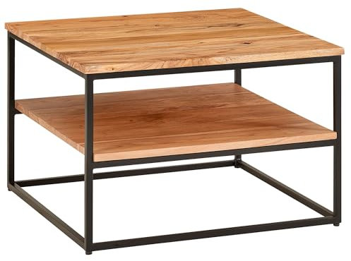 FineBuy Couchtisch 60x60x41 cm Massivholz Metall Sofatisch Wohnzimmertisch Akazie, Stubentisch Industrial mit Stauraum, Holztisch Quadratisch Kaffeetisch Massiv
