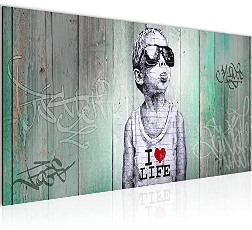 Runa Art Wandbild Junge 1 Teilig 100 x 40 cm Modern Bild auf Vlies Leinwand Street Art Graffiti Loft Wohnzimmer Grün 039812b