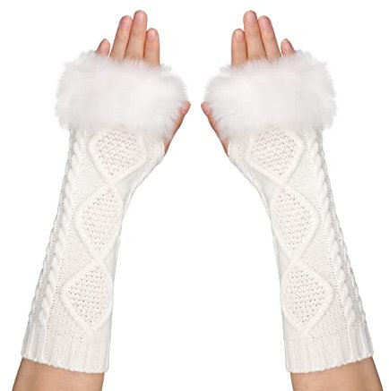 ITODA Handschuhe Winter Damen Armstulpen Kunstfell Strickhandschuhe Lang Armhandschuhe mit Daumenloch Fausthandschuhe Mädchen Fingerlos Fäustlinge Warm Winterhandschuhe Strick Handwärmer Outdoor