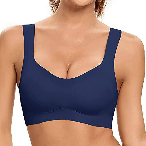 SHEKINI Reggiseno Senza Cuciture Brassiere Sportivo Donna Senza Ferretto con Coppa Imbottita Rimovibile Reggiseni per Dormire Confortevole Tank Top Yoga Fitness Blue,M