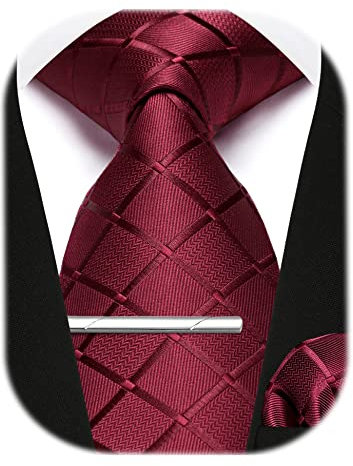 Enlision Cravate Rouge à Carreaux et Mouchoir de Poche Avec Ensemble De Pinces à Cravate Cravates De Mariage Formelles Pour Hommes,Rouge