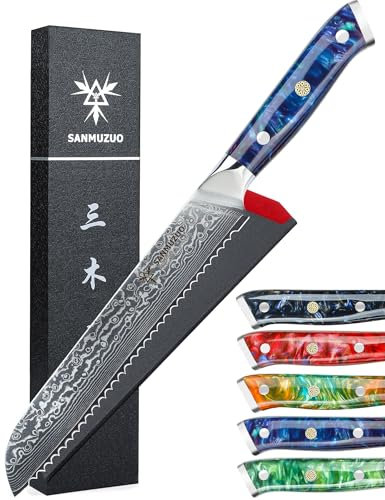 SANMUZUO 8 inch Bread Knife Serrated Blade- Damascus Steel & Resin Handle - Xuan Series(Sppahire Blue)