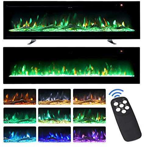 INMOZATA Electric Fire Wall Mounted/Recessed/Freestanding 127cm Electric Fireplace with Remote & Touch Screen Control 9 LED Color Flame Effect, 2 Heat Settings 900W&1800W, Crystal & Log Set