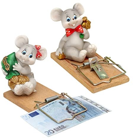 Geldgeschenk Maus auf Mausefalle im 2er Set, 4 x 10 x 6 cm.