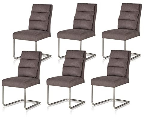 smart 6er Set Esszimmerstühle Bezug aus Webstoff Dunkelbraun | Metallgestell Edelstahl gebürstet - Freischwinger, Küchenstuhl, Wohnzimmerstuhl, Polsterstuhl mit Schaumstoffpolsterung