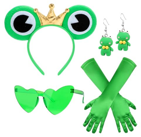 HOWAF Frosch Kostüm Erwachsene Kinder Frosch Haarreif Frosch Hut Frosch Haarschmuck Frosch Ohrringe Grüne Herzbrille Herz Sonnenbrille Handschuhe für Frosch Kostüm Damen Fasching Karneval Kostüm Damen