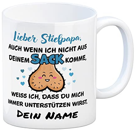 Stiefpapa Ich komme nicht aus deinem Sack Tasse - personalisiert mit deinem Namen - zum Vatertag für deinen Stiefvater in einer Patchworkfamilie von Stiefsohn oder Stieftochter die Dad lieben