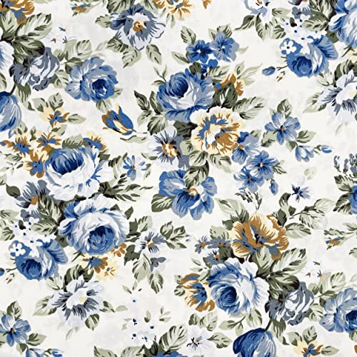 Cotton Fabric - Blue Vintage Roses on Ivory - Craft Fabric Material Metre