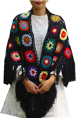 Scialle fatto a mano all'uncinetto, poncho frangiato fatto a mano scialli del mantello avvolge la nonna quadrata donna cappotto maglione
