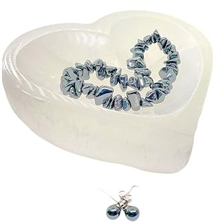 Steinfixx® - Echtes Hämatit Edelstein Schmuckset mit hochwertiger Selenit Herzschale 10cm | für die Liebsten | Chakrasteine | Heilsteine | 3-teilig