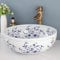 LONUEBU 16 Inch Bathroom Sink, Blue and White Porcelain Art Ceramic Round Bowl Sink Above Counter Vessel Sink with Bamboo Faucet and Pop-up Drain Combo