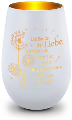 GRAVURZEILE Deko Windlicht aus Glas mit Gravur - Pusteblumen - Personalisiert mit Namen & Datum - Trauerlicht für Teelichter und Kerzen - Grabschmuck zur Beerdigung oder als Andenken - Weiß/Gold