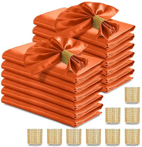 RUDONG M 100 Stück orangefarbene Satin-Servietten und Serviettenringe-Set, 43,2 x 43,2 cm, quadratische Stoffservietten, 50 Stück, seidig weiche Tischservietten, Großpackung für Hochzeiten, Bankette,