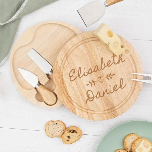 Wanapix | Tabla de Quesos Personalizada | Set Tabla + 4 Cuchillos de Acero Inoxidable | Bandeja/Estuche de Madera con Texto Grabado | 22ø cm | Love Heart