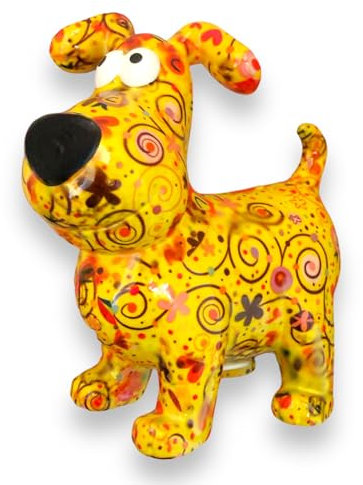 Pomme Pidou Spardose Hund Hugo Blumen und Kreise Motiv in gelb Sparschwein aus Keramik mit Tiermotiv H20,2 x B10,5 x T19 cm farbenfrohe Sparbüchse als Geschenkidee