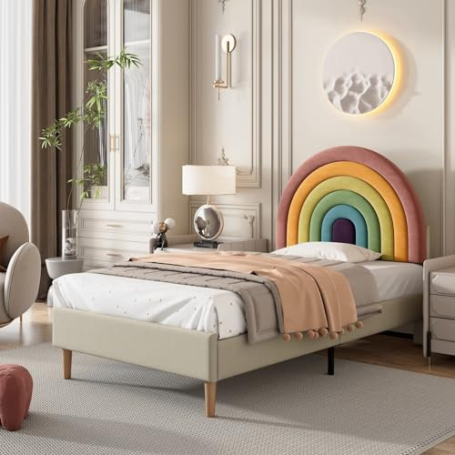 Daesar Einzelbetten 90x200, Polsterbett mit Lattenrost und höhenverstellbares Kopfteil, Jugendbett für Erwachsene Jugendliche, Samt Beige