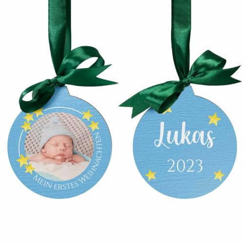 Personalisierte Weihnachtskugel Baby mit eigenem Foto - süßer Holzanhänger für Babys erstes Weihnachten - Christbaumschmuck aus Holz selbst gestalten - individuelle Weihnachtsdeko