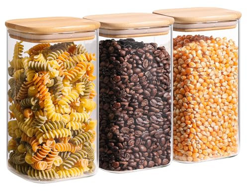 ComSaf 44oz Glass Storage Containers with Lids, Glass Jars with Bamboo Lids, Clear Food Storage Jar, Square Glass Canister Set of 3, Pantry Organizers and Storage for Flour Oat Pasta Tea Coffee Bean