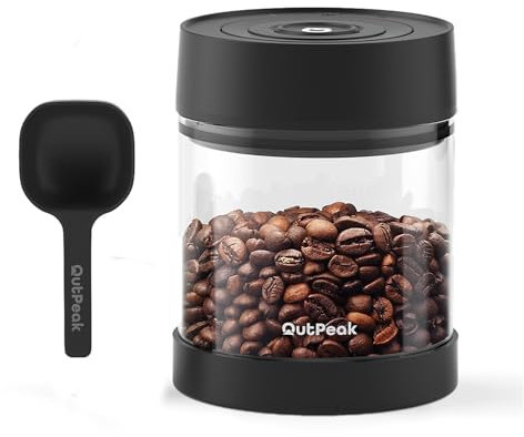 OUTPEAK Neo 2025 Auto Vacuum Coffee Canister, 0.6L for 5.7oz Coffee Beans, One-Button Operation, Small Airtight Coffee Canister with Scoop, Coffee Storage Container Clear Glass (Champion's Choice)