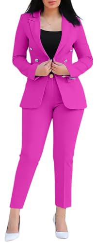 Tomwell Femme Ensemble Blazer et Pantalon 2 Pièces OL Veste de Tailleur à Manches Longues Pantalon Long de Travail Slim Fit Costume et Pantalon Habillé Bureau Affaires D Rose Rouge M