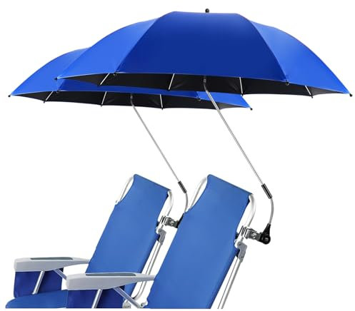 panthem Confezione da 2 ombrelloni da spiaggia con morsetto universale, UPF 50+ 360°, parasole portatile per sedia da campeggio, sedia a rotelle, sedie da patio, golf cart, balcone, Blu, L