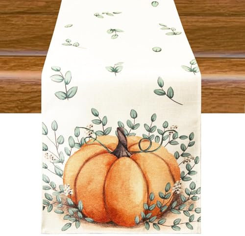 Aitsit Weihnachten Tischläufer, 40×180 cm Abwaschbar Winter Küche Tischdekoration Tischdecke, Familie Abendessen Urlaub Party Dekoration (Eucalyptus Pumpkin)