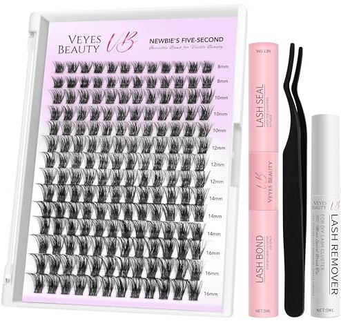 VEYESBEAUTY Faux Cils Kit Extension Cils Newbie's Five-Second Cils Individuels Avec Colle Volume Russe Cluster Lashes Mixte Diy à La Maison Cils Individuels (Bomb Kit, 8-16mm)