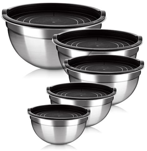 GBACHOOSE Lot de 5 bols à mélanger en acier inoxydable avec couvercles hermétiques, bols gigognes en métal noir pour mélanger, pâtisserie, stockage - 0,75/1/1,5/2/2,5 l