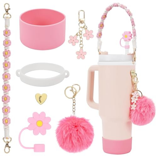Stanley Cup Accessories Set Including 1 Pcs Water Bottle Handle Strap 1 Pcs Siliocne Stanley Cup Boot 1 Pcs Siliocne Straw Cover 2 Pcs Stanley Charms for Stanley Cup 40oz & 30oz Tumbler (Pink)
