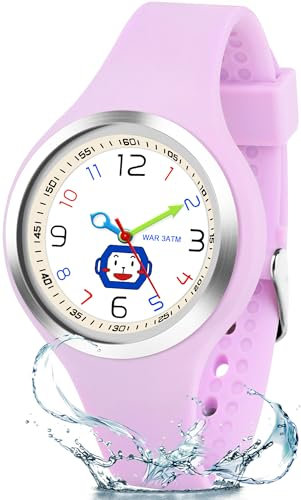 GUUMUXIN Analoge Kinderuhren für Jungen und Mädchen, Uhr zum Lernen der Zeit mit Cartoon-Muster-Abnehmbares Zifferblättern, 30 Meter wasserdichte kinderarmbanduhr von 6-12 Jahren