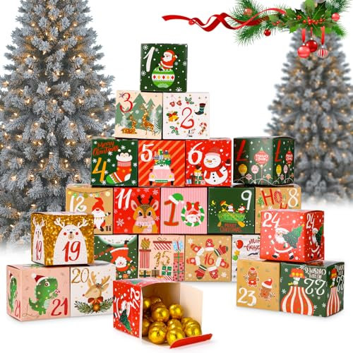 LEAZZLE 24 Stück Adventskalender Boxen Zum Befüllen, Adventskalender Tüten mit 24 Schachteln Wiederverwendbar, Kiste für Weihnachtskalender 2024, Feine Geschenkboxen Weihnachten für Weihnachten Deko