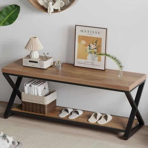 IBF Entryway Bench with Storage, Industrial Wood Metal Storage Bench for Hallway Dining Living Room, Famrhouse Shoe Rack Indoor Accent Seating Benchs for Foyer Entrance Bedroom, Rustic Oak 120cm