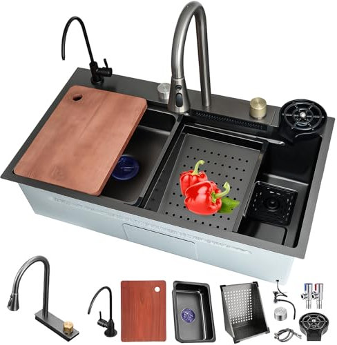 DSMRLEOP Fregadero de Cascada de 1 Cubeta, Multifuncional de Cocina en Acero Inoxidable Doméstico, Negro con Sifón, Rebosadero y Desagüe